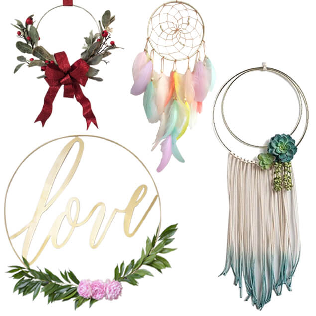 HOHIYA Macrame Ring Floral Hoop Wreath Metal for Christmas 14 inch 6 Pcs Gold