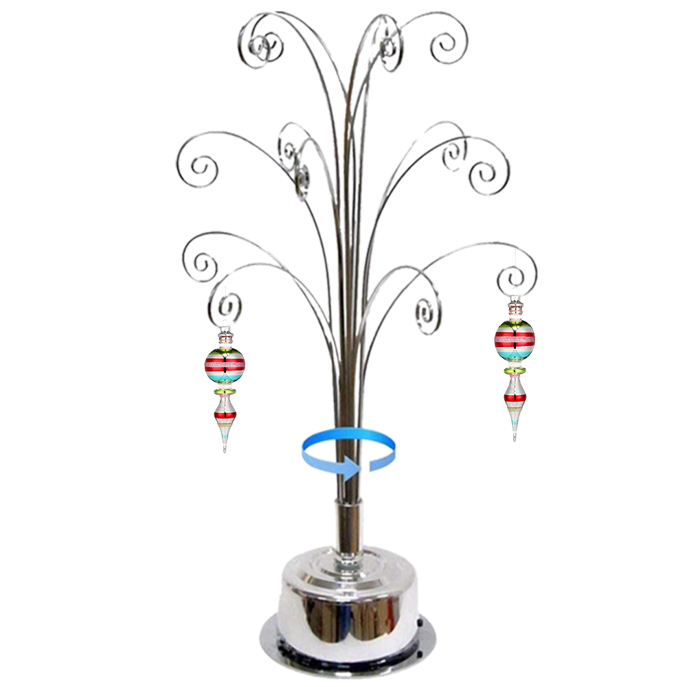 HOHIYA 16.75 Inch Mini Rotating Ornament Display Tre, 3-Tier Metal Stand with 15 Hooks Small Tabletop Christmas Tree for Jewelry Charms and Keepsakes Silver Chrome