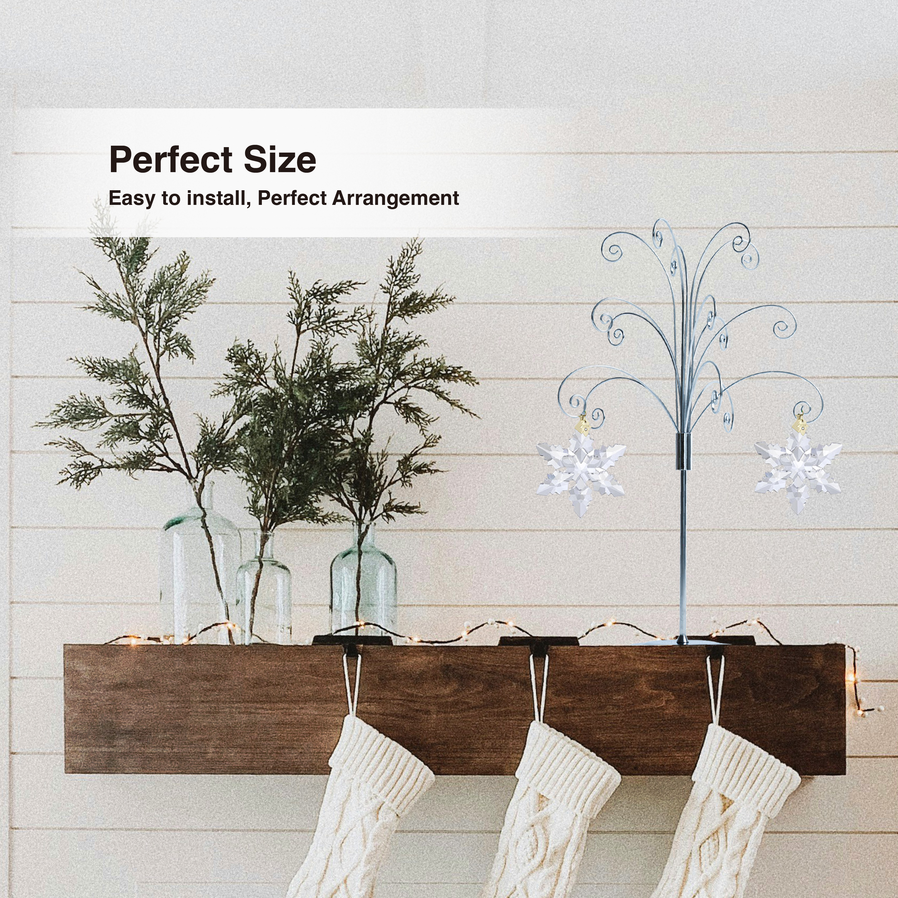 HOHIYA 20 Inch Tabletop Ornament Display Tree Metal Christmas Tree Stand for Desk & Mantel Small Jewelry Tower with Hooks Perfect Holiday Gift Chrome Silver