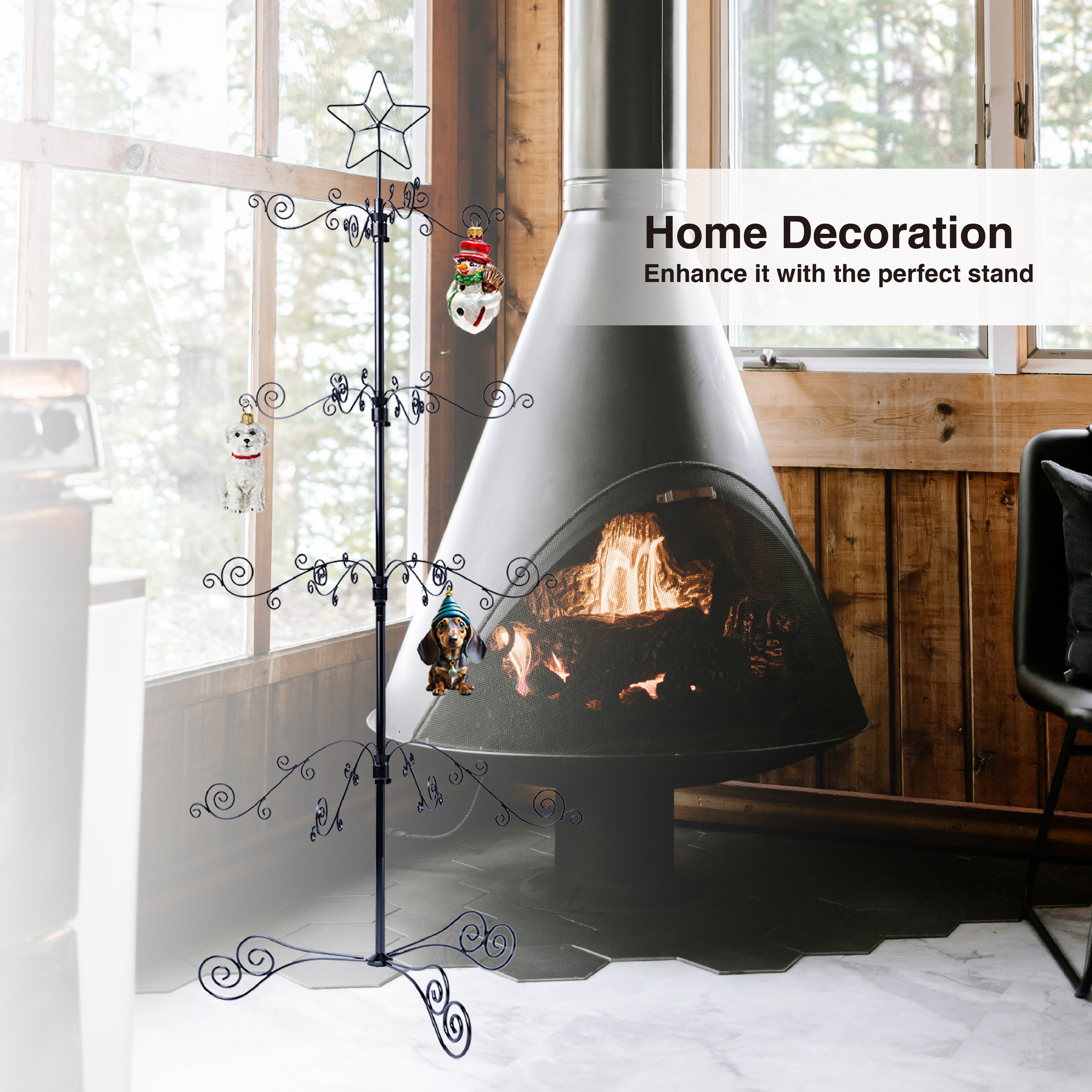 HOHIYA 3 Ft Wrought Iron Ornament Display Tree 56-Hook Metal Christmas Tree Alternative Sturdy Floor and Tabletop Stand for Glass Baubles Black