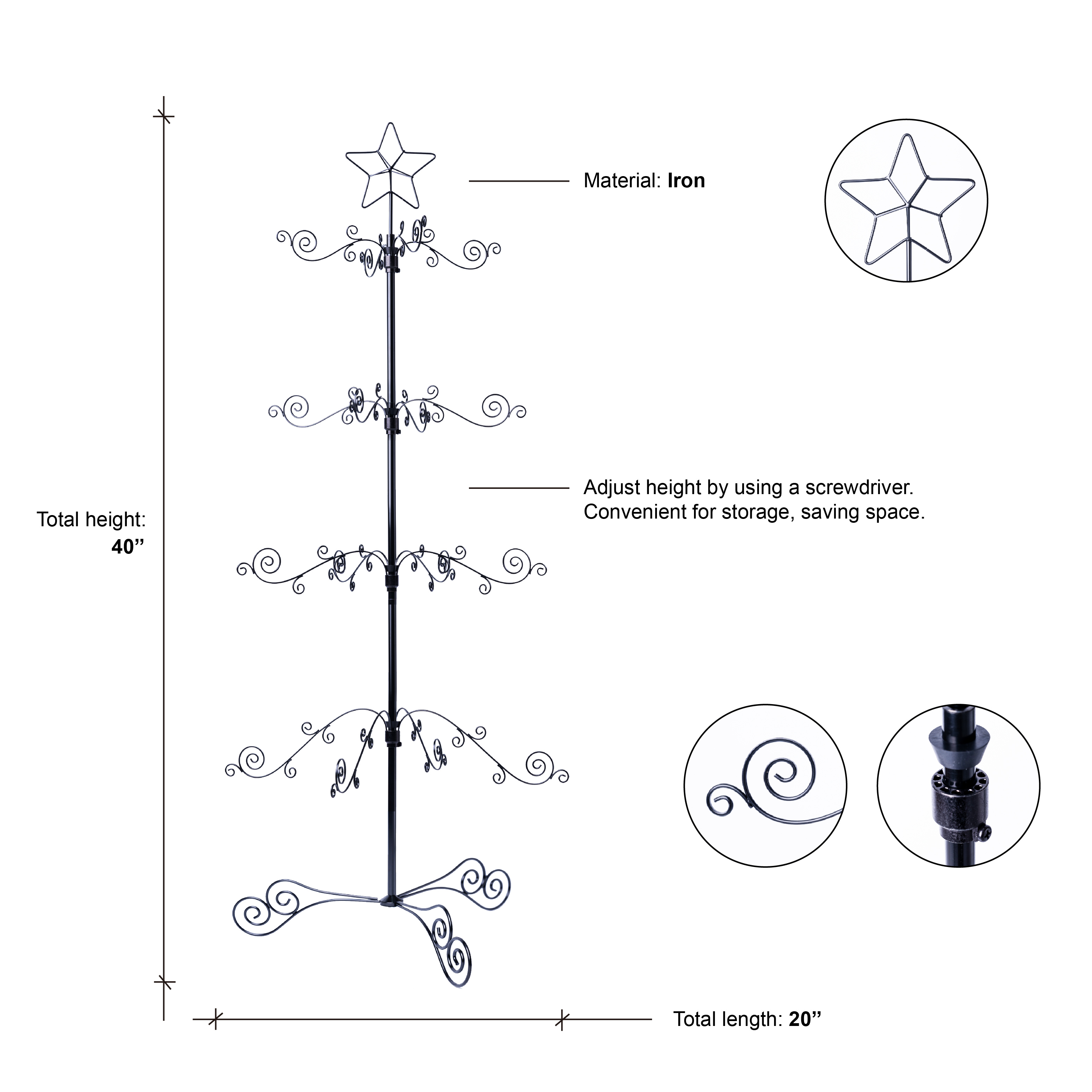 HOHIYA 3 Ft Wrought Iron Ornament Display Tree 56-Hook Metal Christmas Tree Alternative Sturdy Floor and Tabletop Stand for Glass Baubles Black